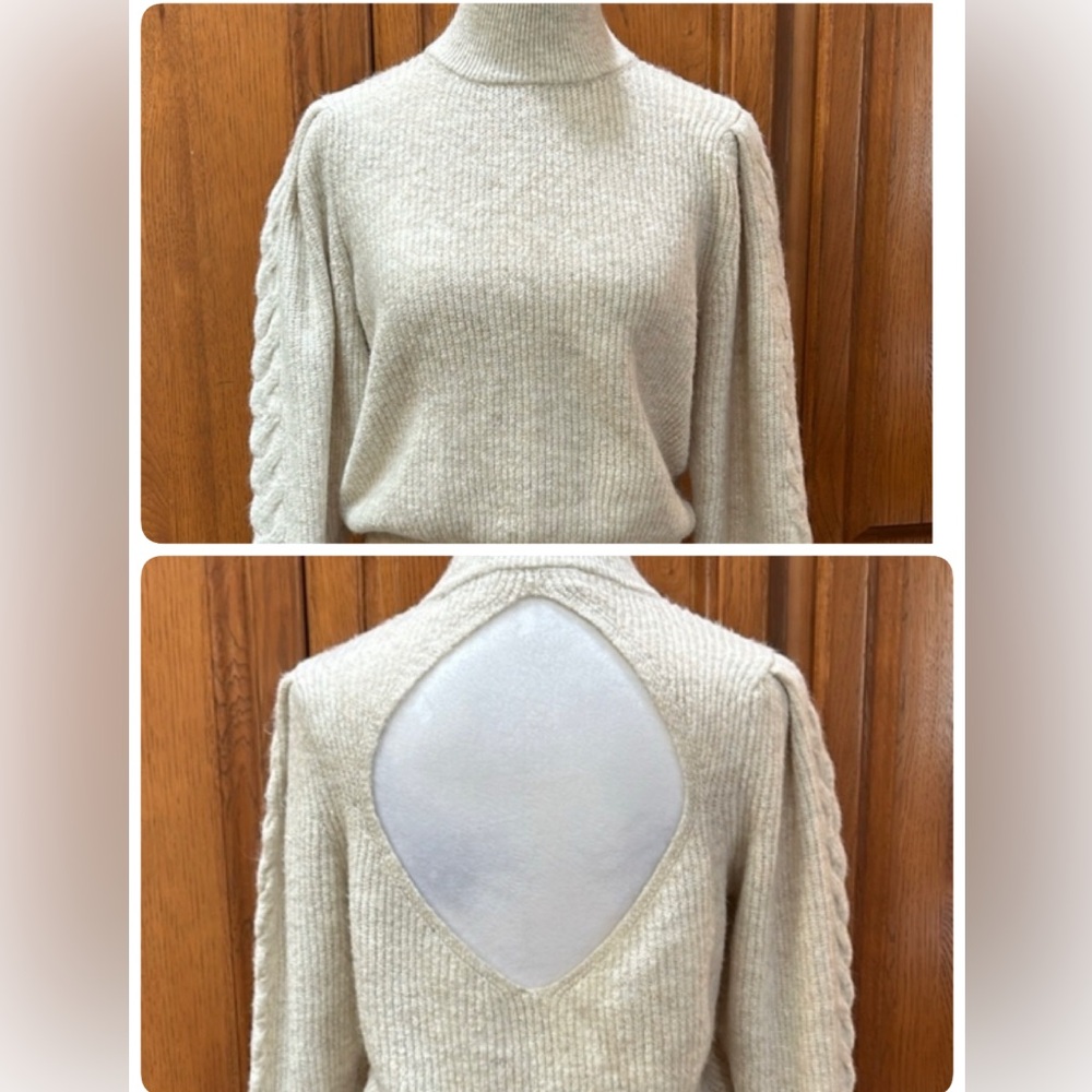 1.State Mock T-Neck Open Back Long Puff Sleeve Cable Knit Detail Sweater Size S